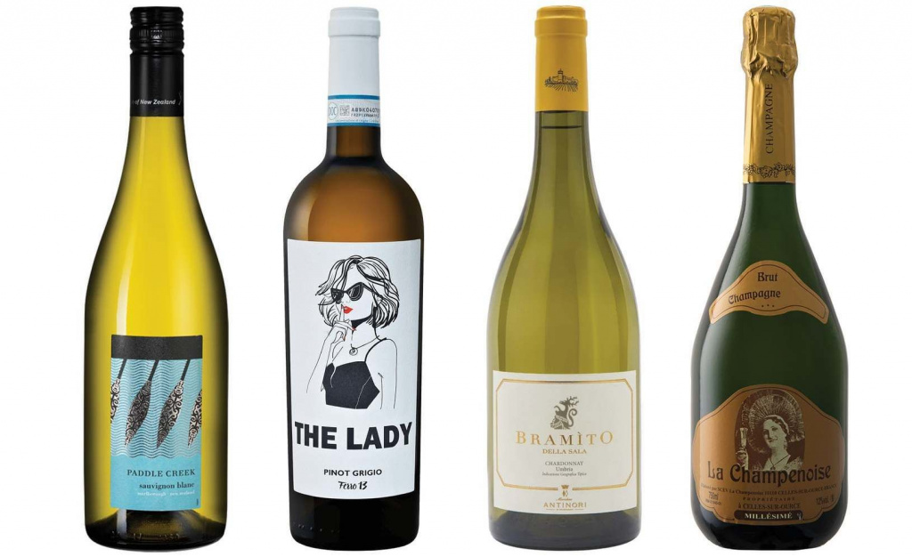 Слева направо: Paddle Creek Sauvignon Blanc 2018; Ferro 13 The Lady Pinot Grigio 2017; Bramito Chardonnay 2018; La Champenoise Millesime Brut 2005